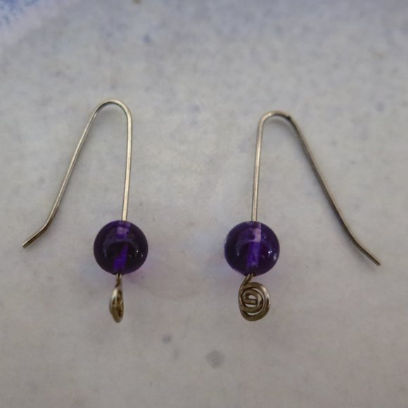 Vintage Silver Open Hook Earrings with Purple Bead - Picture 3 of 10